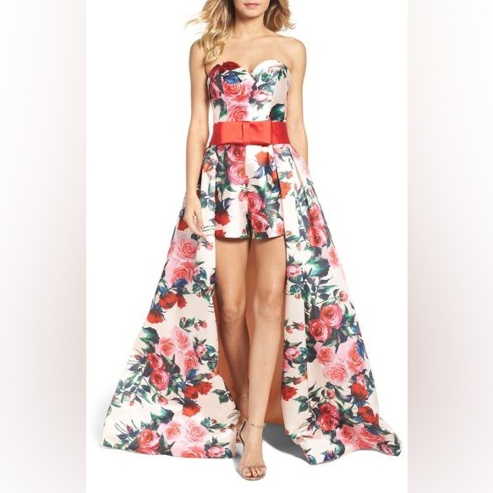 Mac Duggal 79097M Strapless Roses Romper Detachable Full Skirt Dress Gown sz 8